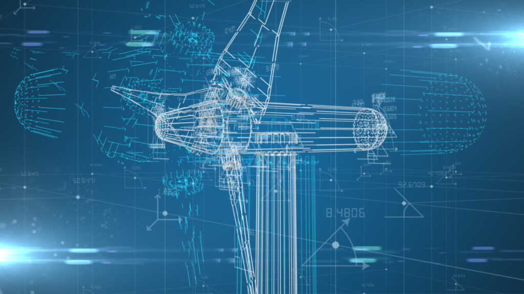 Abstract blue technical illustration showing a wireframe model of a wind turbine with blades, hub, and tower surrounded by engineering data, diagrams, and measurement overlays.