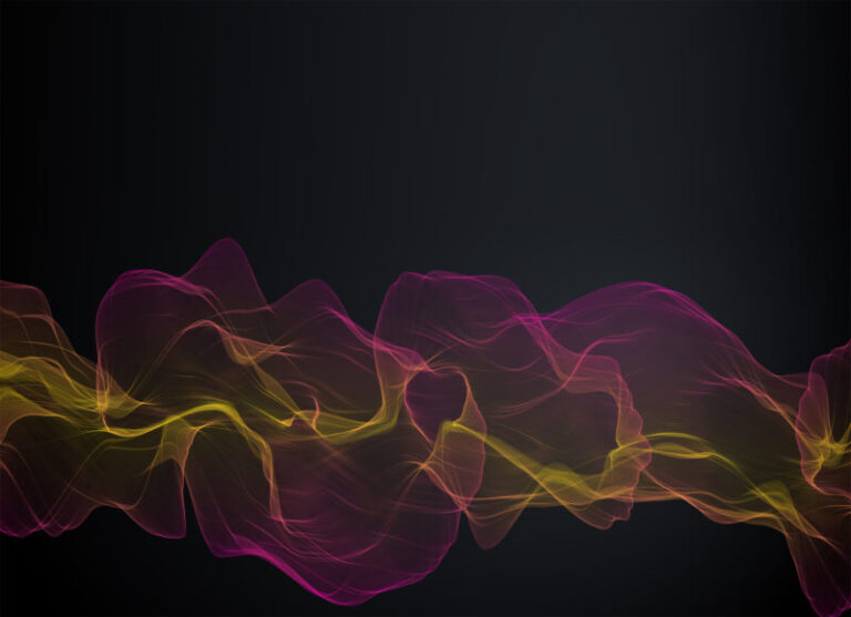 Flowing, translucent waves in pink, purple, and yellow tones stretching horizontally across a dark background, creating an abstract, luminous visual effect.