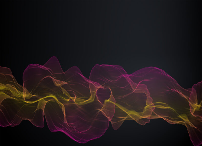 Flowing, translucent waves in pink, purple, and yellow tones stretching horizontally across a dark background, creating an abstract, luminous visual effect.