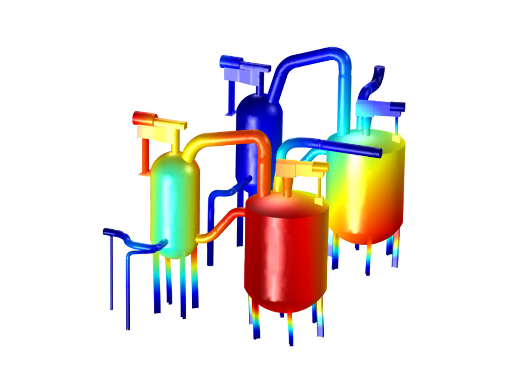 3D model of multiple interconnected industrial vessels and pipelines shown in a blue-to-red colour gradient to illustrate simulated stress or vibration levels across the system.