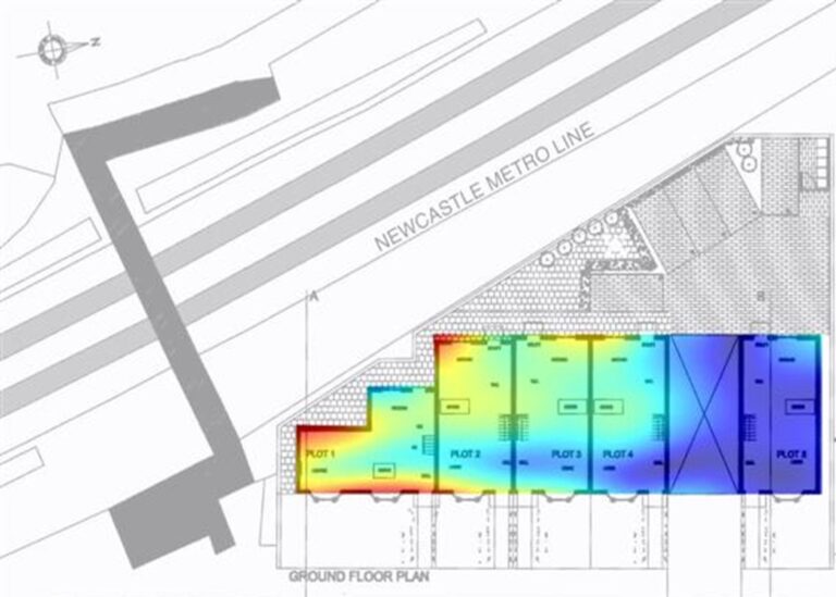 Architectural ground floor plan showing several adjoining plots highlighted with a rainbow-style heatmap gradient beside the Newcastle Metro line, illustrating varying intensity levels across the building layout.