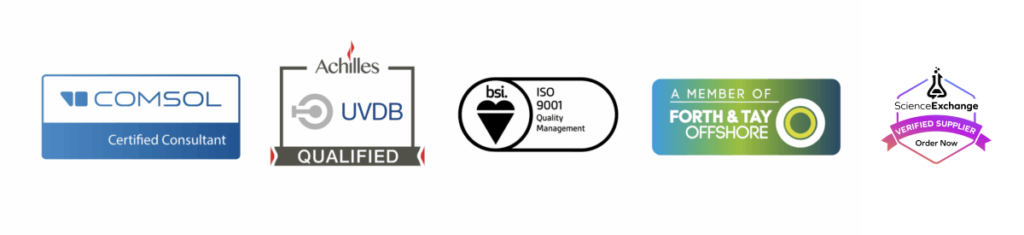 A collection of logos for COMSOL, Achilles UVDB, BSI ISO 9001 and Member of Forth and Tay Offshore