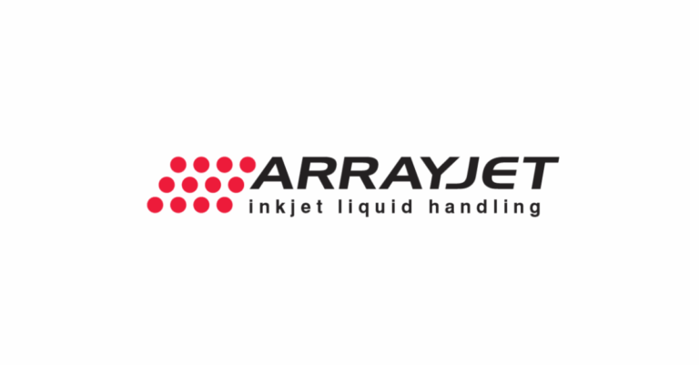 Company logo for Arrayjet showing a grid of red dots to the left of the word “ARRAYJET” in bold black text with the tagline “inkjet liquid handling” underneath.