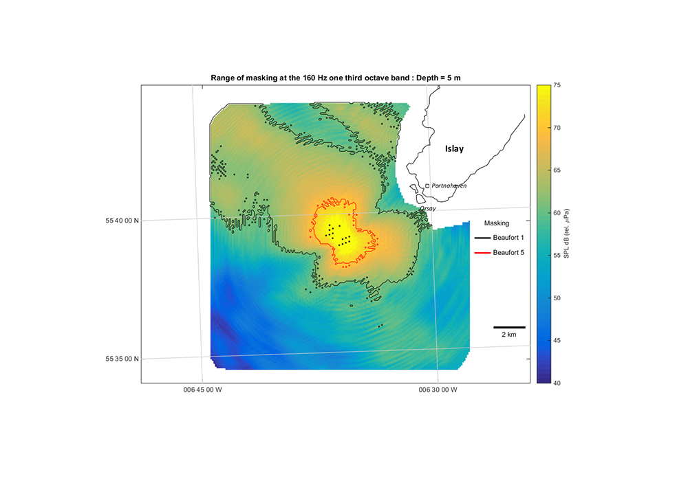 Coloured contour map showing the range of underwater acoustic masking at the 160 Hz one-third octave band at 5 m depth near the island of Islay, with warmer colours indicating higher sound pressure levels and a legend and scale bar on the right.