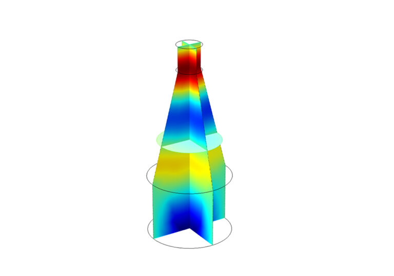3D plot of a tall tapered tower divided into sections, coloured in a blue-to-red gradient to show variation in a simulated parameter.
