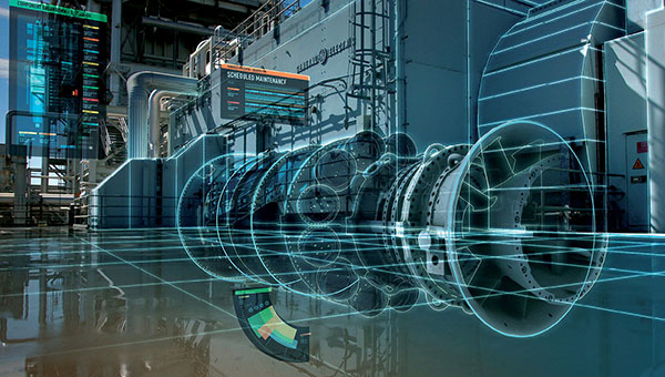 AI-enabled digital twin visualisation of rotating machinery within an industrial facility, highlighting modelling and simulation capabilities.